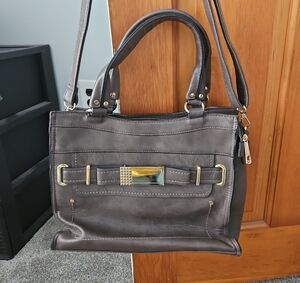 Structured Gray Shoulder Bag with Gold Accent Hardware